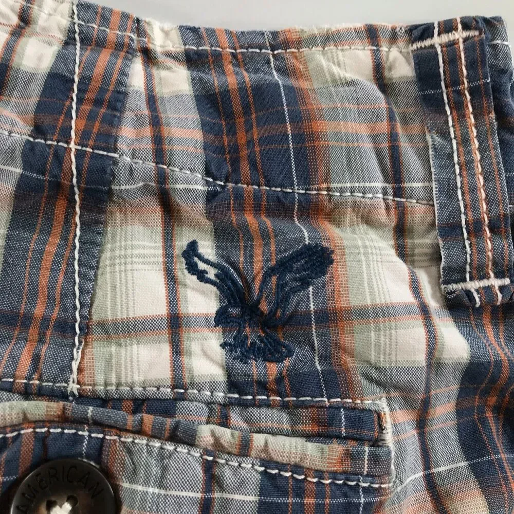 American Eagle Shorts Mens 30 Blue Orange White Plaid Longer Length - Picture 9 of 10